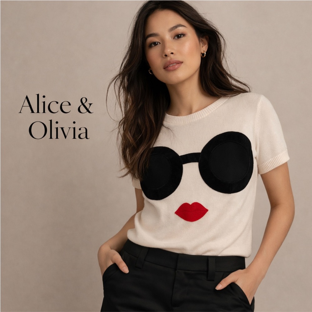 Alice + Olivia Icon Face Sweater Top Cream Sunglasses Graphic Size S/P